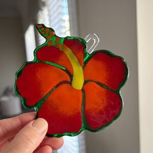 Jan R Mitchell Vibrant Red and Orange Hibiscus Christmas ornament